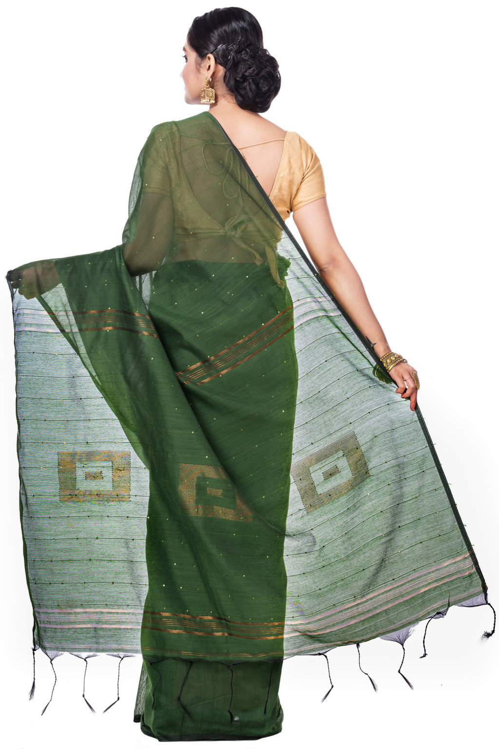 Dark Green Blended Cotton Sequence_Handloom Hand Loom Saree (473)